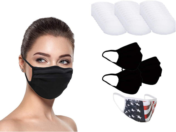 MADE IN USA (3 Black), 1 US Flag (Made in Guatemala), Washable Reusable Anti-dust Cloth Face Mask Protection Double Layer Covering (IN STOCK 2-5 DAYS DELIVERY) - 4 Pack With Filters (30 PCS)