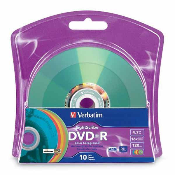 Verbatim LightScribe DVD+R Blank Disc Printable Media Color Background (96941)- 10pk - Duplicator Depot