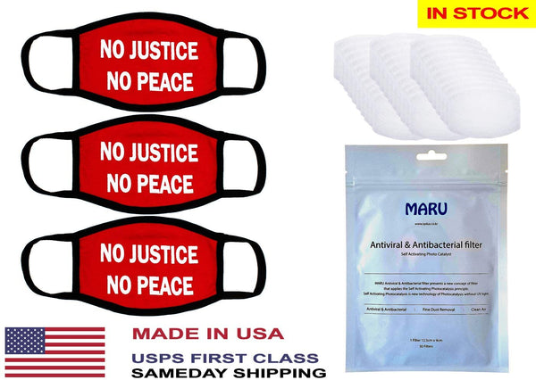 Amba7 No Justice No Peace Reusable Breathable Cloth Face Mask MADE IN USA  - Machine Washable, Non-Surgical Double Layer Anti-Dust Protection, Unisex - For Home, Office, Camping  -3 Pack With Filters (30 PCS) In Stock