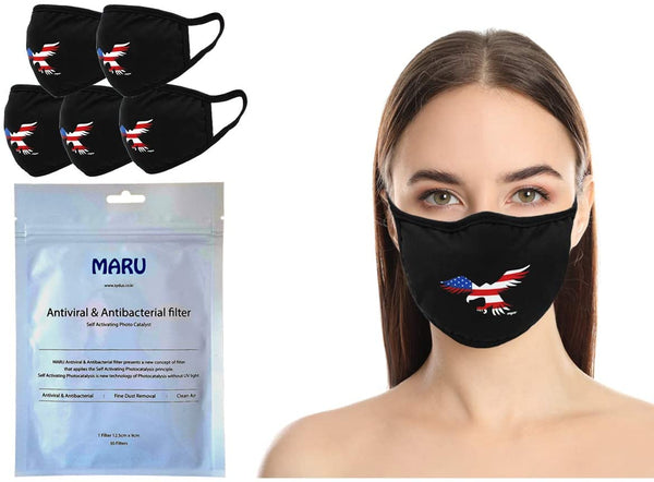 Amba7 USA Eagle Logo Reusable Breathable Cloth Face Mask - Machine Washable, Non-Surgical Double Layer Anti-Dust Protection, Unisex - For Home, Office, Travel, Camping or Cycling 5-Pack With Filters (30 PCS), In Stock