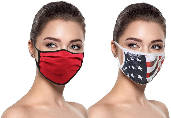 MADE IN USA (3 Red), 1 US Flag (Made in Guatemala), Washable Reusable Anti-dust Cloth Face Mask Protection Double Layer Covering (IN STOCK 2-5 DAYS DELIVERY) - 4 Pack With Filters (30 PCS)
