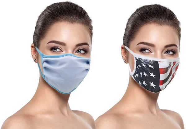MADE IN USA (3 Sky Blue), 1 US Flag (Made in Guatemala), Washable Reusable Anti-dust Cloth Face Mask Protection Double Layer Covering (IN STOCK 2-5 DAYS DELIVERY) - 4 Pack With Filters (30 PCS)