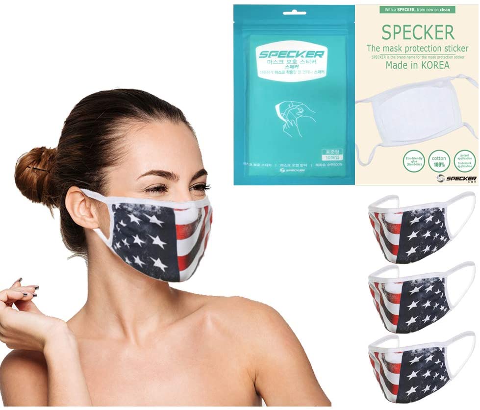Amba7 Reusable Breathable Cloth Face Mask with Filters - Machine Washable, Non-Surgical Double Layer Anti-Dust Protection, Unisex - for Home, Office, (USA Flag Design 3-Pack with 30 Filters) in Stock