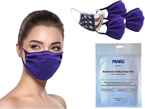 MADE IN USA (3 Purple), 1 US Flag (Made in Guatemala), Washable Reusable Anti-dust Cloth Face Mask Protection Double Layer Covering (IN STOCK 2-5 DAYS DELIVERY) - 4 Pack With Filters (30 PCS)