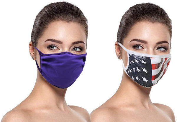 MADE IN USA (3 Purple), 1 US Flag (Made in Guatemala), Washable Reusable Anti-dust Cloth Face Mask Protection Double Layer Covering (IN STOCK 2-5 DAYS DELIVERY) - 4 Pack With Filters (30 PCS)