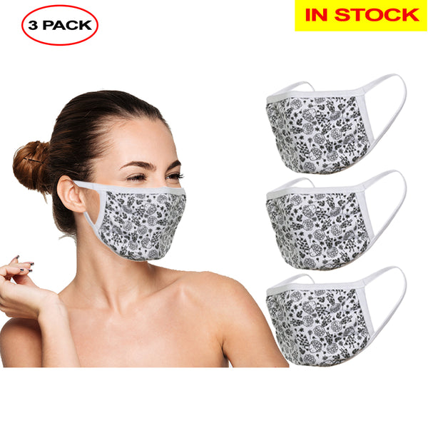 Amba7 Reusable Breathable Cloth Face Mask - Machine Washable, Non-Surgical Double Layer Anti-Dust Protection, Unisex - For Home, Office, Travel, Camping or Cycling (Flower Design 3-Pack) In Stock