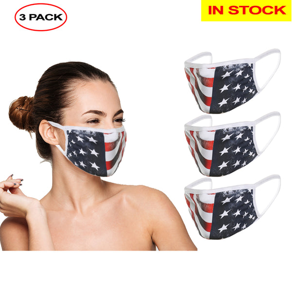 Amba7 Reusable Breathable Cloth Face Mask - Machine Washable, Non-Surgical Double Layer Anti-Dust Protection, Unisex - For Home, Office, Travel, Camping or Cycling (USA Flag Design 3-Pack) In Stock