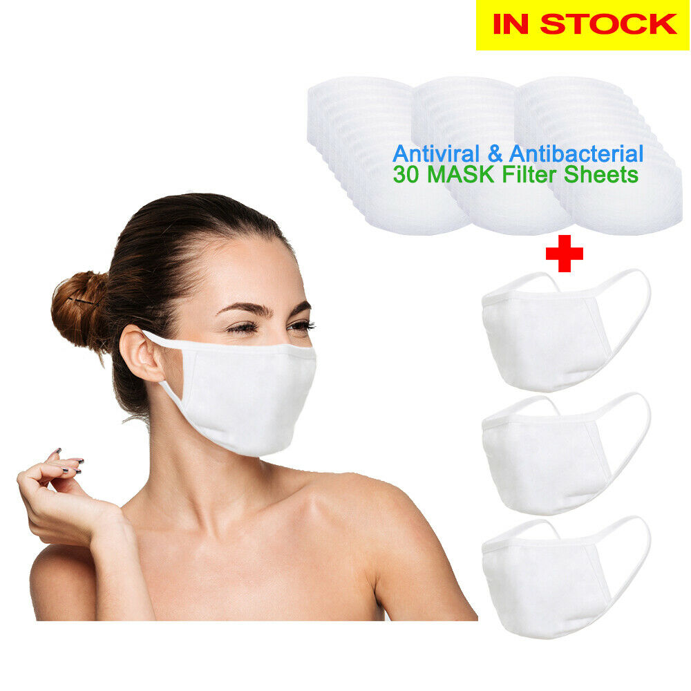 Amba7 Reusable Breathable Cloth Face Mask - Machine Washable, Non-Surgical Double Layer Anti-Dust Protection, Unisex - For Home, Office, Travel, Camping or Cycling (White 3-Pack With Filters (30 PCS)) In Stock