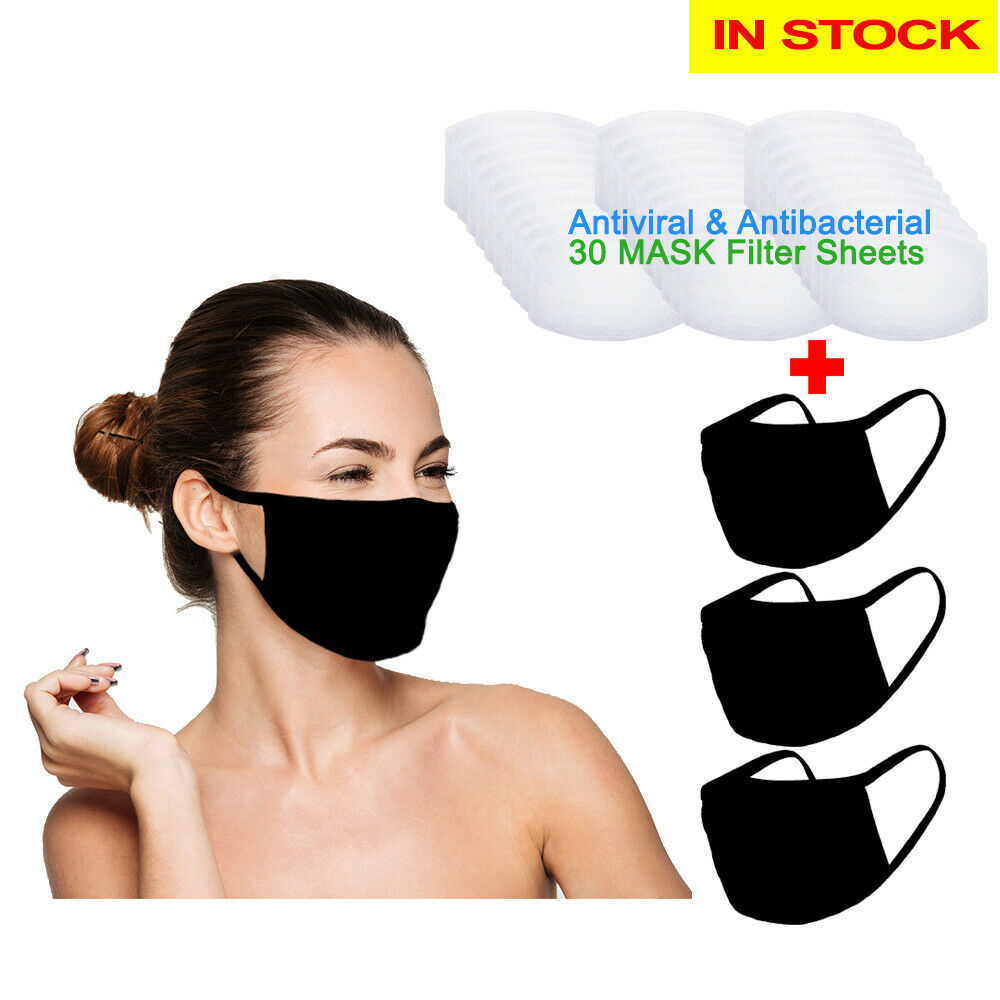 Amba7 Reusable Breathable Cloth Face Mask - Machine Washable, Non-Surgical Double Layer Anti-Dust Protection, Unisex - For Home, Office, Travel, Camping or Cycling (Black 3-Pack With Filters (30 PCS)) In Stock