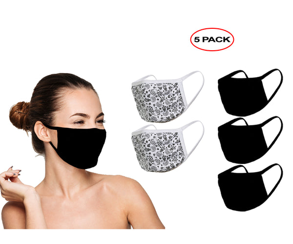 Amba7 Reusable Breathable Cloth Face Mask - Machine Washable, Non-Surgical Double Layer Anti-Dust Protection, Unisex - For Home, Office, Travel, Camping or Cycling (3 Black + 2 Flower Design) In Stock