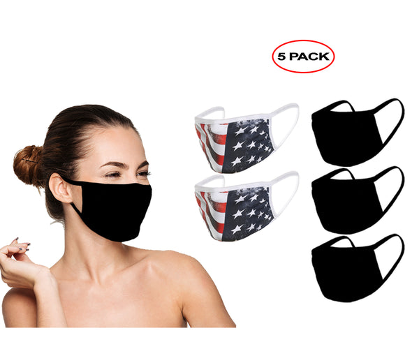 Amba7 Reusable Breathable Cloth Face Mask - Machine Washable, Non-Surgical Double Layer Anti-Dust Protection, Unisex - For Home, Office, Travel, Camping or Cycling (3 Black + 2 USA Flag Design) In Stock