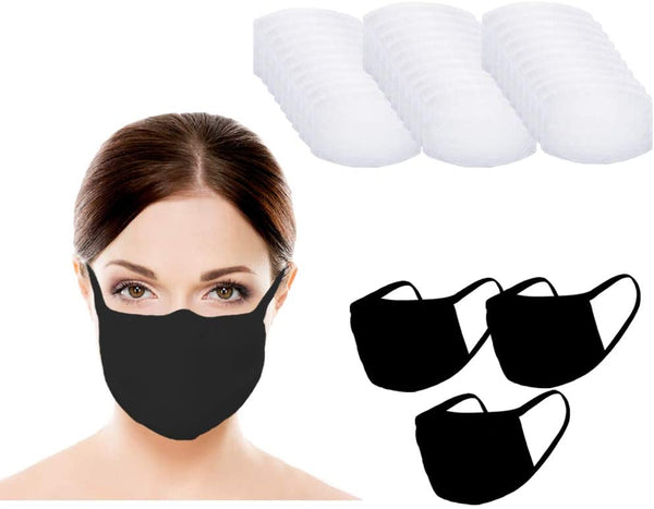 Amba7 MADE IN USA Reusable Breathable Cloth Face Mask - Machine Washable, Non-Surgical Double Layer Anti-Dust Protection, Unisex - For Home, Office, Travel, Camping, or Cycling - 3 Pack With Filters (30 PCS) (In Stock)