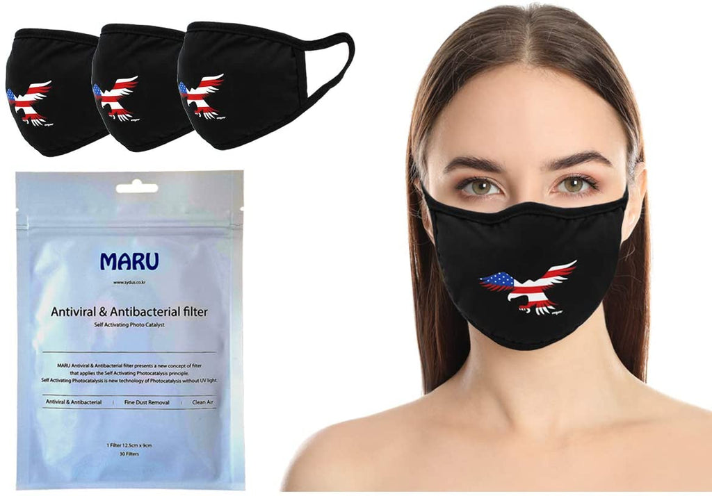 Amba7 USA Eagle Logo  Reusable Breathable Cloth Face Mask - Machine Washable, Non-Surgical Double Layer Anti-Dust Protection, Unisex - For Home, Office, Travel, Camping or Cycling  3-Pack With Filters (30 PCS), In Stock