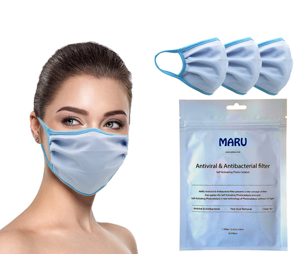 Amba7 MADE IN USA Reusable Breathable Cloth Face Mask - Machine Washable, Non-Surgical Double Layer Anti-Dust Protection, Unisex - For Home, Office, Travel, Camping or Cycling (SKY BLUE 3-Pack With Filters (30 PCS)) In Stock