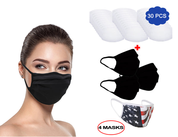 MADE IN USA (3 Black), 1 US Flag (Made in Guatemala), Washable Reusable Anti-dust Cloth Face Mask Protection Double Layer Covering (IN STOCK 2-5 DAYS DELIVERY) - 4 Pack With Filters (30 PCS)