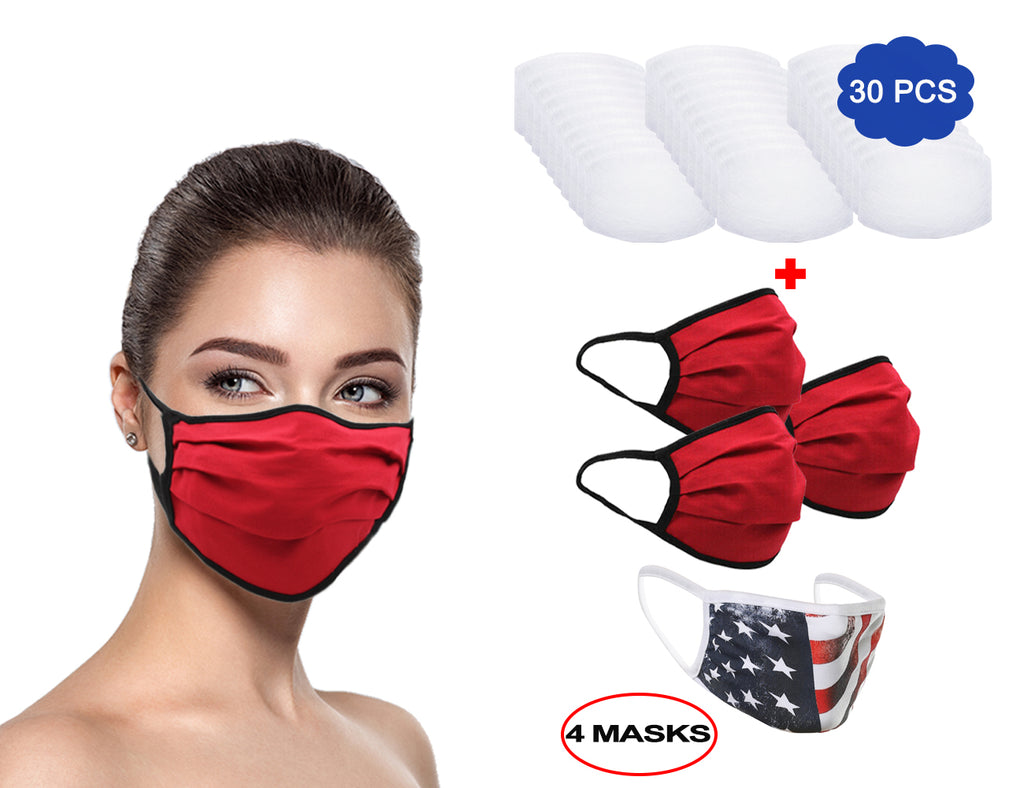 MADE IN USA (3 Red), 1 US Flag (Made in Guatemala), Washable Reusable Anti-dust Cloth Face Mask Protection Double Layer Covering (IN STOCK 2-5 DAYS DELIVERY) - 4 Pack With Filters (30 PCS)