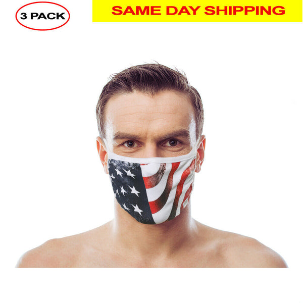 Washable Reusable Face Cover (3 Pack) - Double Layer For Dust Particle & Droplet Protection - Unisex, USA Flag - Duplicator Depot