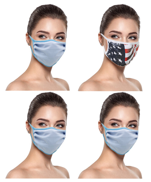 MADE IN USA (3 Sky Blue), 1 US Flag (Made in Guatemala), Washable Reusable Anti-dust Cloth Face Mask Protection Double Layer Covering (IN STOCK 2-5 DAYS DELIVERY) - 4 Pack
