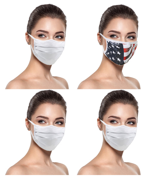 Made in USA (3 White), 1 US Flag (Made in Guatemala), Washable Reusable Cloth Face Mask Protection Double Layer Covering (in Stock 2-5 Days DELIVERY) - 4 Pack
