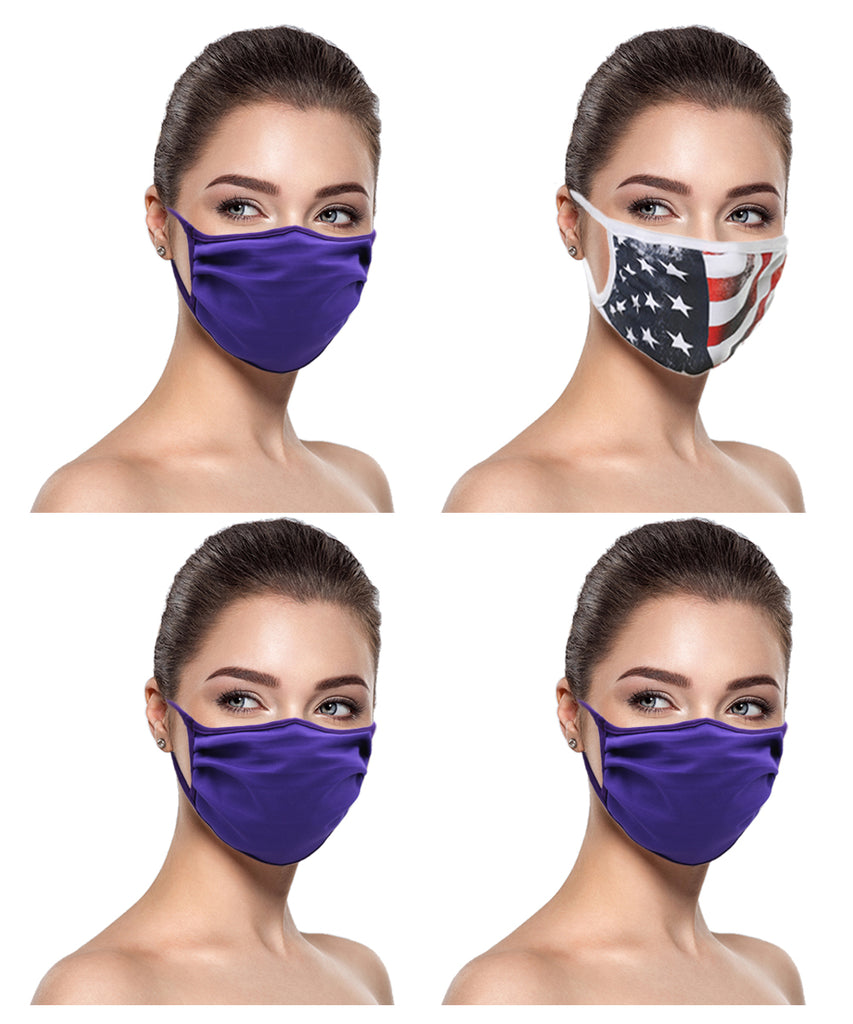 MADE IN USA (3 Purple), 1 US Flag (Made in Guatemala), Washable Reusable Anti-dust Cloth Face Mask Protection Double Layer Covering (IN STOCK 2-5 DAYS DELIVERY) - 4 Pack