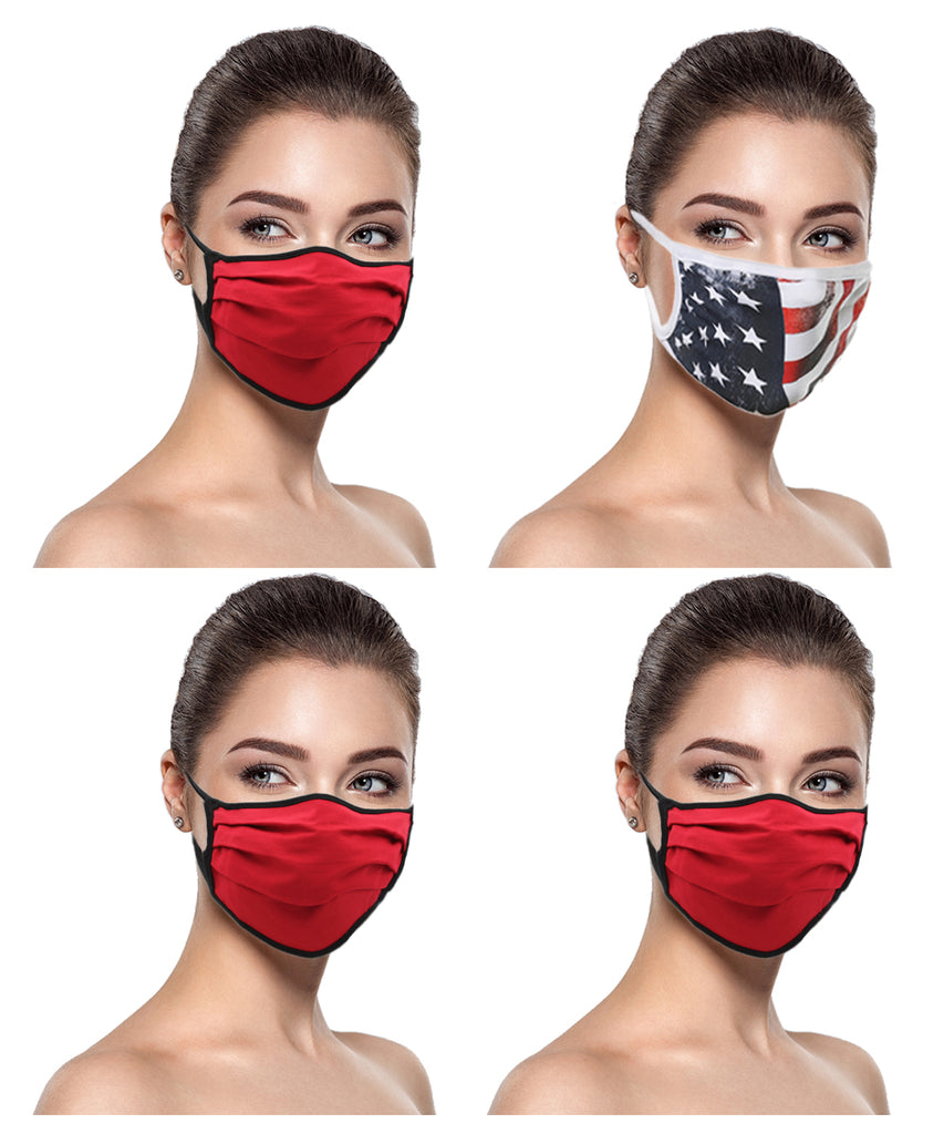 MADE IN USA (3 Red), 1 US Flag (Made in Guatemala), Washable Reusable Anti-dust Cloth Face Mask Protection Double Layer Covering (IN STOCK 2-5 DAYS DELIVERY) - 4 Pack