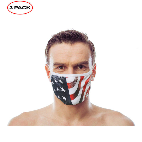 Amba7 Reusable Breathable Cloth Face Mask - Machine Washable, Non-Surgical Double Layer Anti-Dust Protection, Unisex - For Home, Office, Travel, Camping or Cycling (USA Flag Design 3-Pack) In Stock
